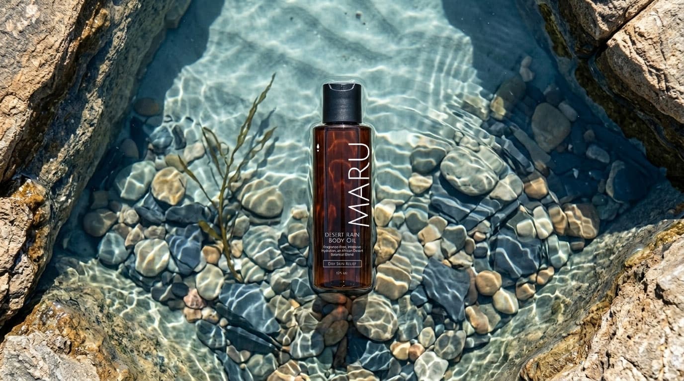 Maru Desert Rain body oil in cool evening light