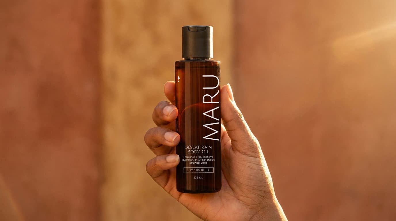 Maru body oil bottle held in hand