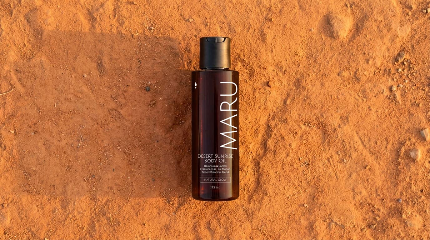 Maru body oil bottle in desert sand