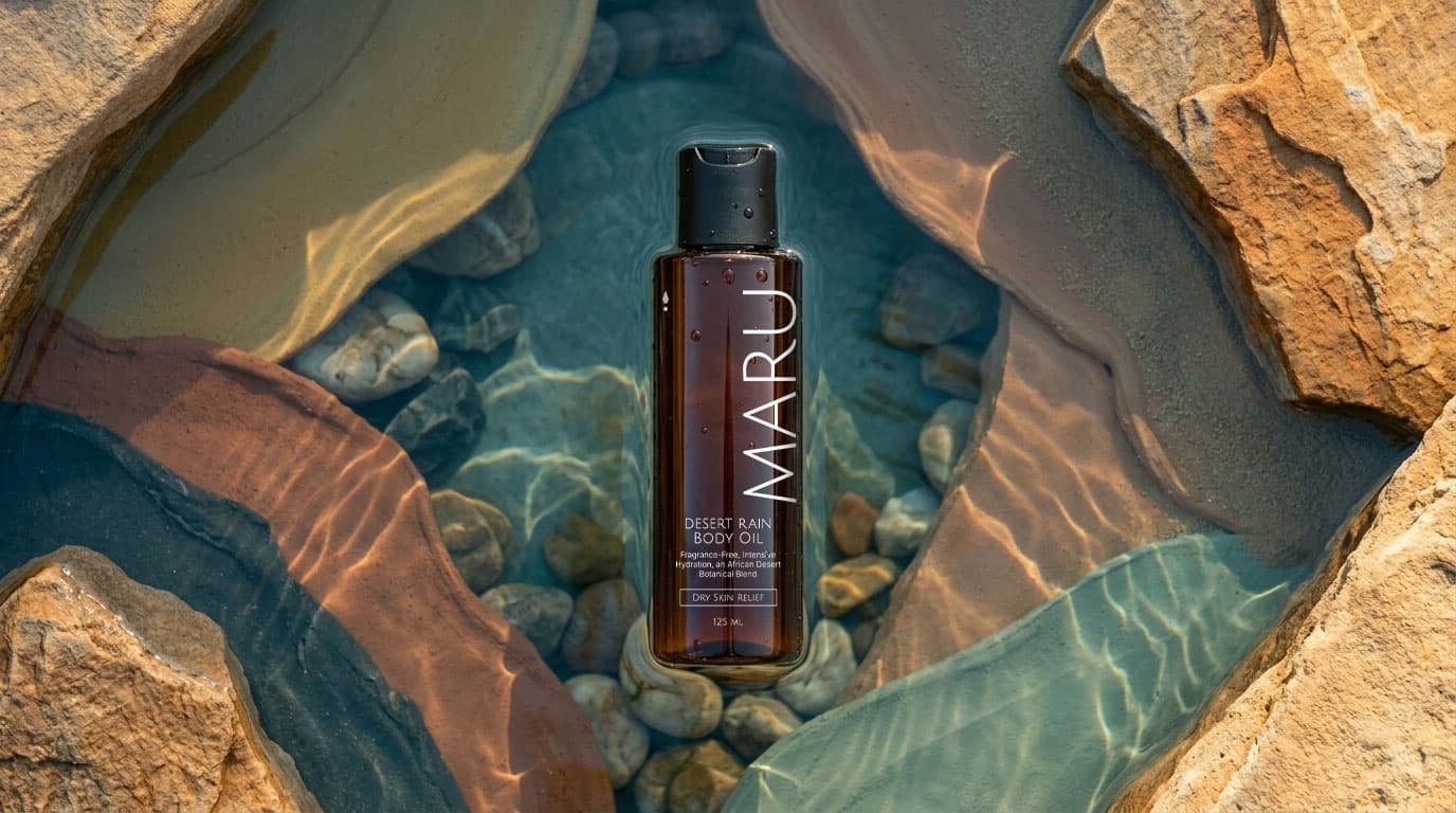 Maru body oil bottle in water
