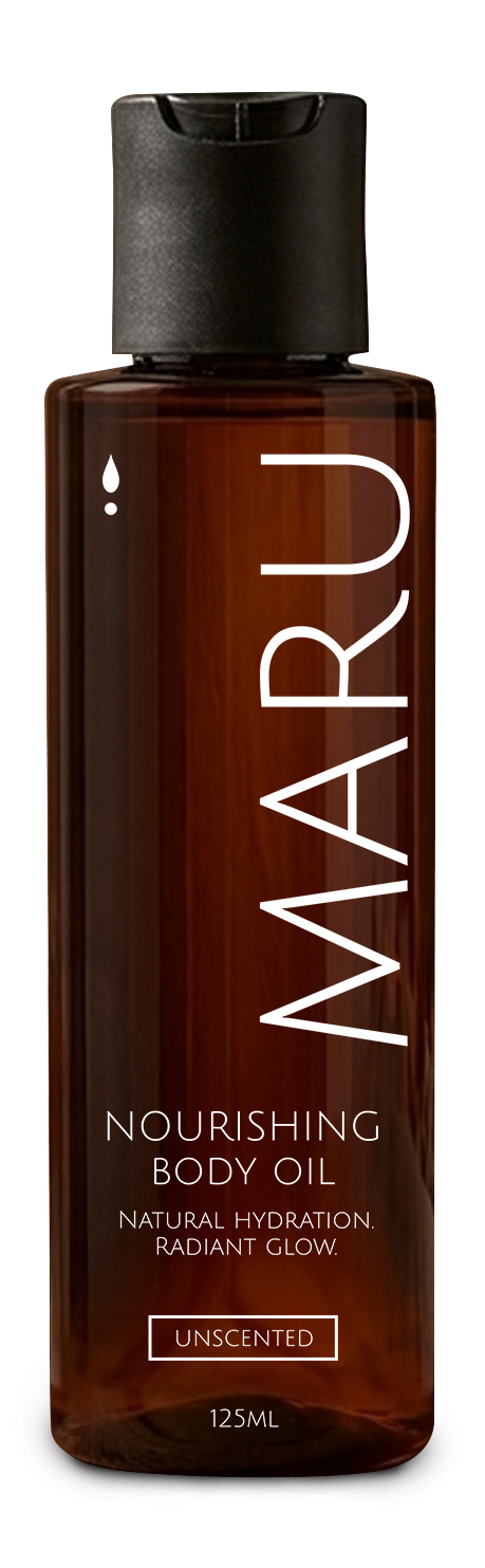 Maru body oil bottle made with Macadamia, Marula, Baobab, Kalahari Melon, Ximenia and Castor seed oils