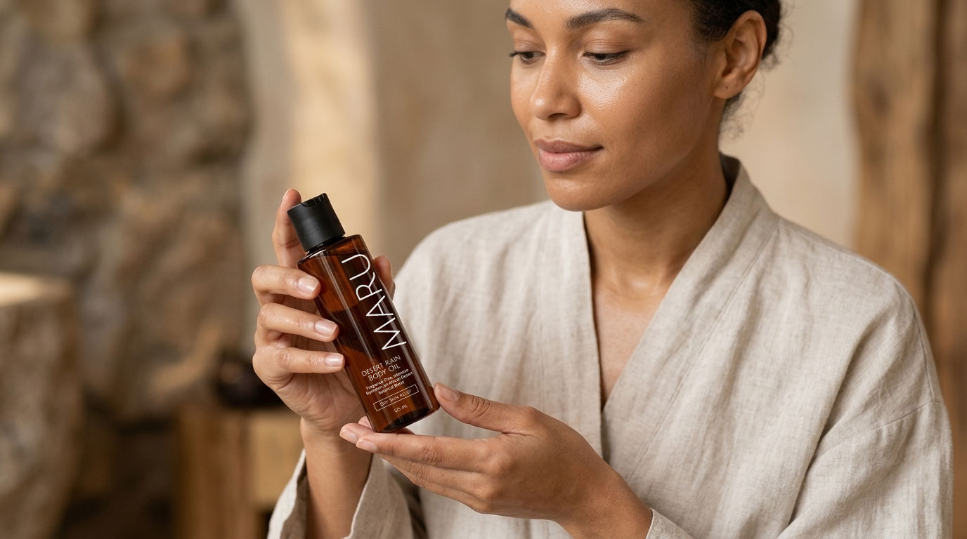 Model in a bathroom with Maru body oil